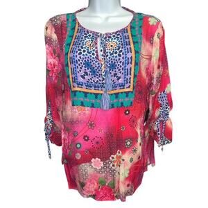 John Mark PM Top BOHO Pink Floral Embroider V-Neck Ties 3/4 Sleeve Petite Medium